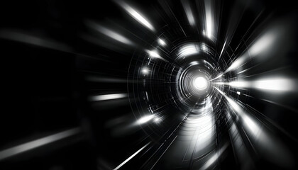 Poster - A futuristic light tunnel illustrating an abstract journey through space and time with dynamic light effects.
