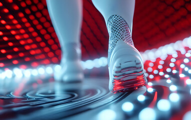 Poster - A futuristic robot foot stepping on a glowing, vibrant surface with intricate lighting effects.