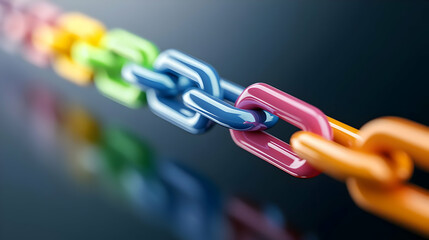Poster - A macro shot of colorful plastic links forming a chain against a dark background. Perfect for illustrating connectivity and innovation.
