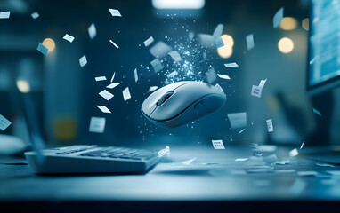 Poster - A sleek computer mouse levitates above a keyboard, surrounded by digital particles, symbolizing innovation and modern technology.