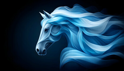 Poster - A stunning illustration of a horse with flowing blue mane, symbolizing grace and beauty in motion against a dark background.