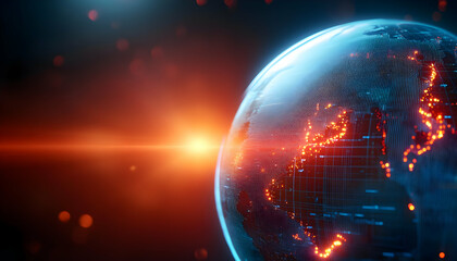 Poster - A stunning visualization of Earth with glowing city lights and atmospheric effects, representing global connectivity and technology.