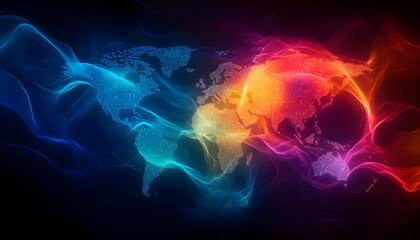Poster - A vibrant abstract representation of a world map formed by swirling colors, symbolizing connectivity and global interaction.