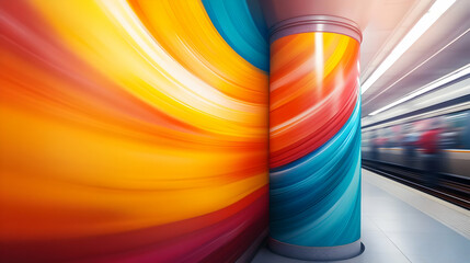 Poster - A vibrant and colorful abstract mural on a subway pillar, creating a dynamic and energetic atmosphere in a transport setting.