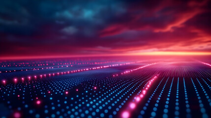 Poster - A vibrant digital landscape showcasing glowing dots amidst a dramatic sunset sky, perfect for tech and abstract themes.