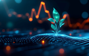 Poster - A vibrant green plant emerges from a digital landscape, symbolizing growth and innovation in technology and nature.