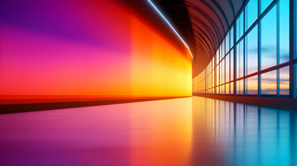 Poster - A vibrant hallway with colorful gradient lighting reflecting on smooth floors, showcasing modern architectural design.