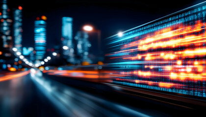 Poster - A vibrant night scene showcasing dynamic light trails and futuristic cityscape, reflecting the essence of urban innovation and energy.
