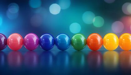 Poster - A vibrant row of colorful spheres reflecting light, ideal for backgrounds or graphic designs, showcasing creativity and playfulness.