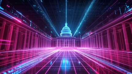 Poster - Futuristic digital representation of a government building with cyberpunk aesthetics and glowing neon lines infused in a pixelated landscape