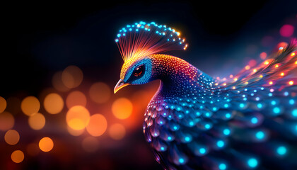 Poster - A vivid peacock adorned in colorful lights, exuding beauty and grace in an enchanting atmosphere filled with bokeh effects.