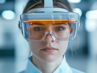 Poster - woman wearing futuristic protective goggles in laboratory setting