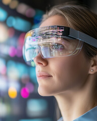 Aufkleber - woman wearing augmented reality glasses looks focused and futuristic