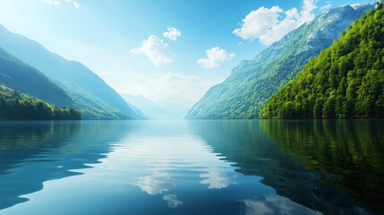 Poster - serene lake surrounded by lush green mountains under clear blue sky, reflecting tranquility