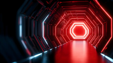 Poster - Futuristic corridor illuminated with red neon lights, creating a sleek and modern atmosphere for innovative design concepts.