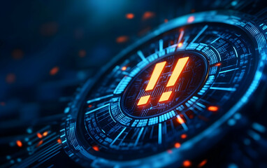 Poster - Futuristic digital interface featuring warning symbols in an abstract design. Ideal for tech-related projects and presentations.