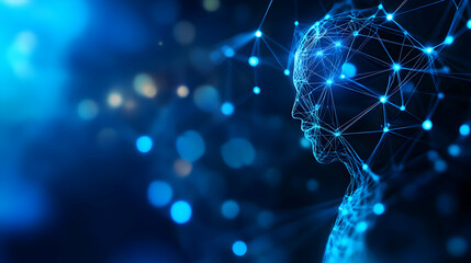 Poster - Futuristic digital representation of a human head showcasing interconnected nodes, symbolizing artificial intelligence and data.