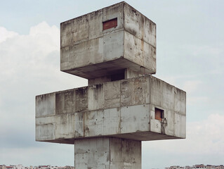Poster - brutalist concrete structure stands against cloudy sky, showcasing geometric design