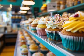 Leinwandbilder - whimsical display of colorful cupcakes with sprinkles in vibrant bakery setting