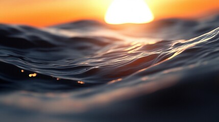 Wall Mural - close-up of ocean waves at sunset, warm light reflecting on water surface.