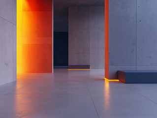 Aufkleber - sleek modern building interior with vibrant orange and blue lighting creates futuristic ambiance