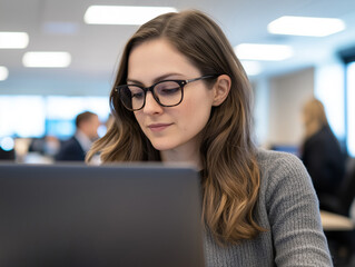 Leinwandbilder - focused woman with glasses works on laptop in modern office setting