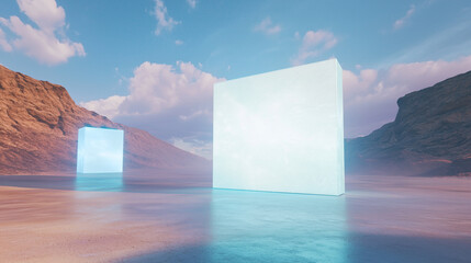 Poster - Luminous cubes in desert landscape under blue sky create surreal atmosphere