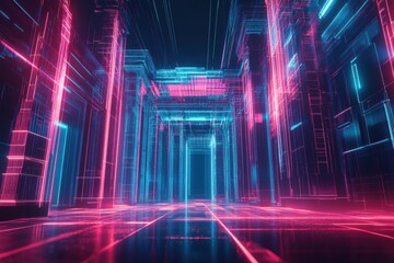 Poster - Futuristic government building with glowing neon lines and pixelated abstract patterns in a cyberpunk-inspired setting