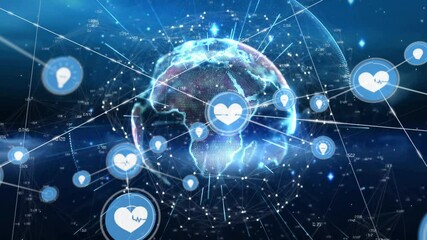 Poster - Animation of digital heart icons connecting over glowing Earth in space