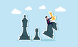 © B Design - Businessman carries a key while riding a chess knight to move, illustration of movement in solving business problems