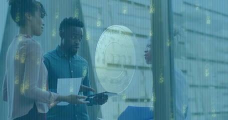 Poster - Discussing NFT cryptocurrency, business professionals analyzing digital data animation in office