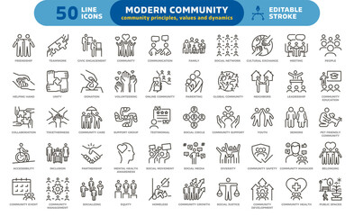 community and social connections icon set. thin line editable stroke icons for teamwork, communicati