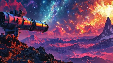 futuristic telescope on alien mountain range, observing celestial event, for space exploration poste