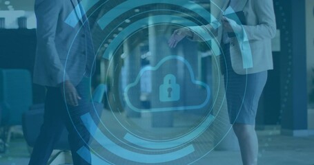 Poster - Digital security lock animation over businesspeople shaking hands in office hallway