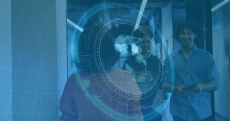 Poster - Digital globe and data interface animation over people walking in modern office