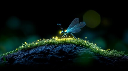 Wall Mural - glowing damselfly on moss at night.