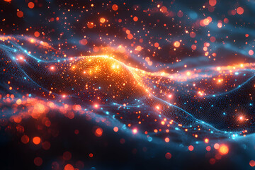 Poster - Abstract digital art showing glowing particles forming waves. Ideal for website backgrounds or futuristic designs. Evokes energy and cosmic themes.
