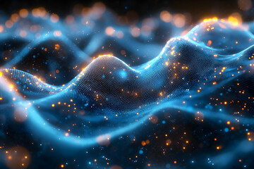 Poster - Abstract digital illustration depicting flowing waves of particles emitting glowing blue and orange light. Great for tech science backgrounds or digital art.