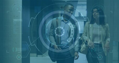 Poster - Futuristic digital interface animation over two people walking in modern office