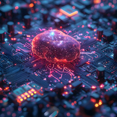 Poster - This image showcases a digital brain at the core of a motherboard suggesting advanced computing and artificial intelligence. It's ideal for tech presentations and data visualizations.
