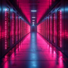 Poster - A futuristic server room bathed in pink and blue light showcases rows of blinking servers ideal for technology based projects or modern design concepts.