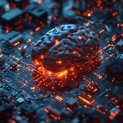 Poster - A glowing brain rests on a circuit board signifying artificial intelligence and technological advancements. Could be used in tech blogs or scientific articles.