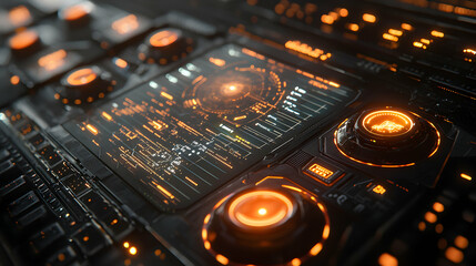 Poster - Futuristic control panel with glowing orange lights ideal for sci-fi games or tech-themed visuals. Use for UI elements or background displays.