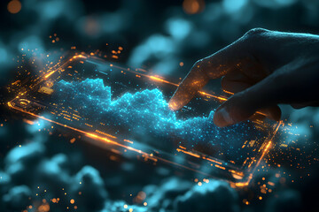 Poster - A person touches a futuristic tablet displaying a glowing data chart. Perfect for presentations or illustrating financial trends and technology.