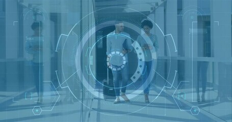 Poster - Animation overlaying futuristic digital interface on diverse business professionals in office