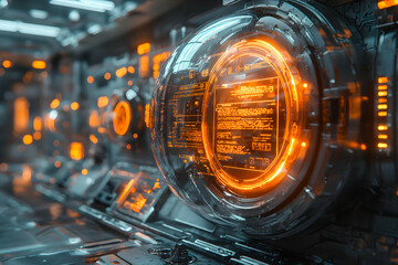 Poster - Futuristic tech interface. Data visualization with glowing orange lines. Great for science fiction concepts game design and UI elements.