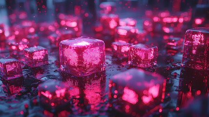 Poster - Futuristic scene of glowing pink cubes on a dark surface. This image is ideal for sci-fi concepts visualizations tech-related projects or digital art applications.