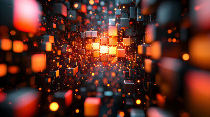 Poster - An abstract digital artwork depicting glowing cubes and particles. Suitable for data visualization futuristic tech designs or website backgrounds.