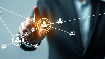 Poster - Network Connection: An individual, in a professional business suit, interacts with an advanced network visualization. The focus is on digital transformation, technological advancement.