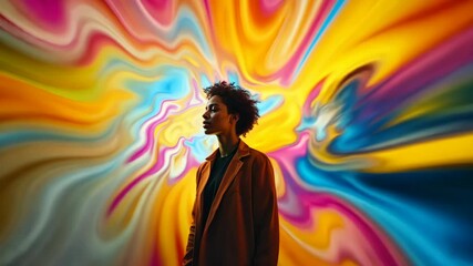 Poster - Colorful flow motion burst with a silhouetted person in vibrant dreamscape